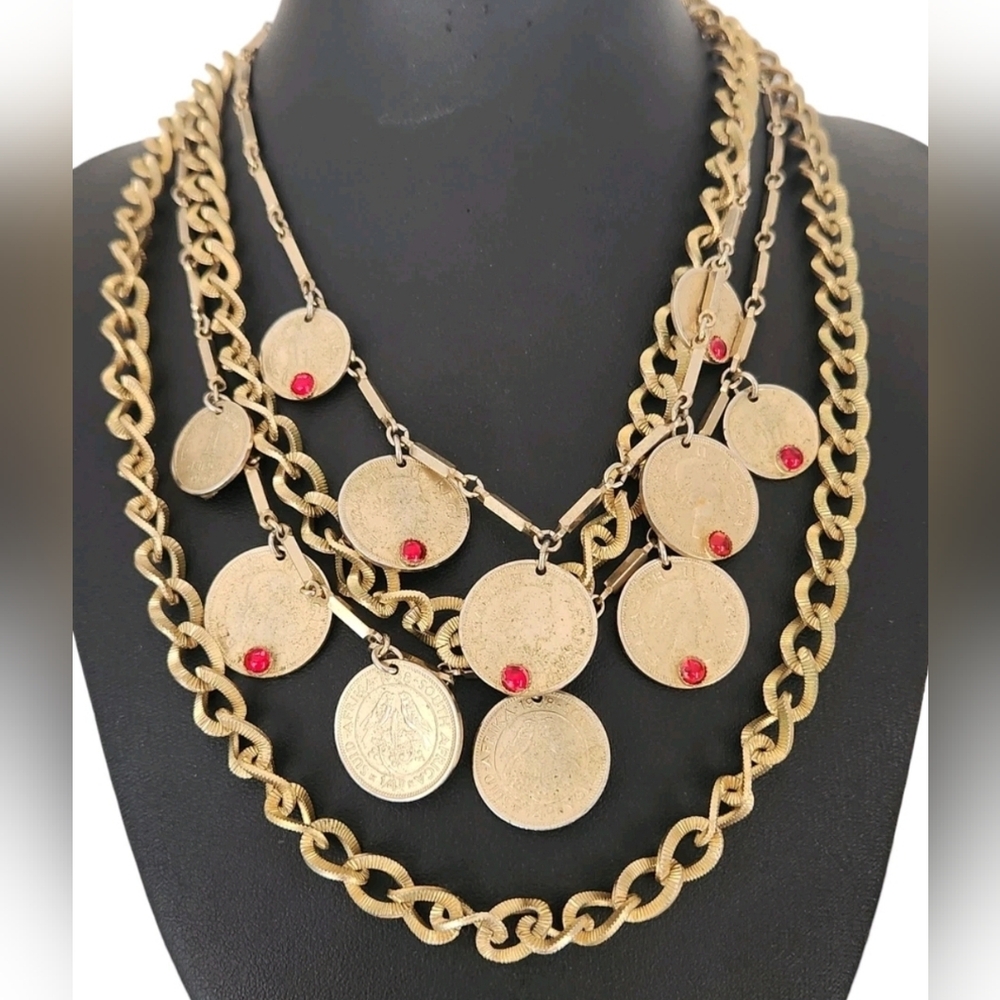 Vintage South Africa India Coin Necklace Queen Elizabeth Red Cabochon Statement